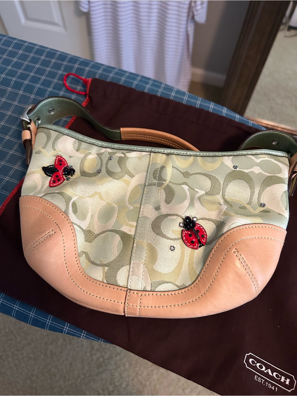 Coach Signature Hobo with Red Ladybug Accents — Green and Tan